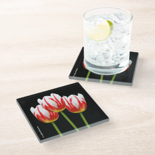 Posavasos De Vidrio Tulipanes elegantes de hojas de arce blancas rojas