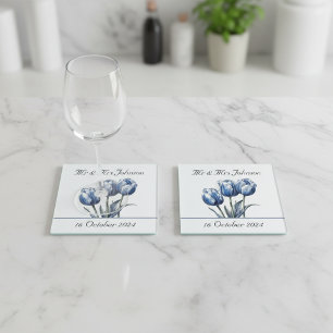 Posavasos De Vidrio Tulipanes en Delft Azul personalizables