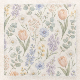 Posavasos De Vidrio Tulipanes Lilas Acuarela Pradera Primaveral Pastel