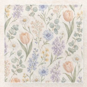 Posavasos De Vidrio Tulipanes Lilas Acuarela Pradera Primaveral Pastel