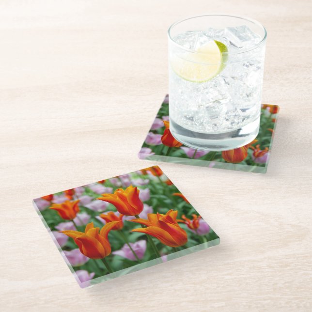 Posavasos De Vidrio Tulipanes naranjas brillantes en el parque (Angular)