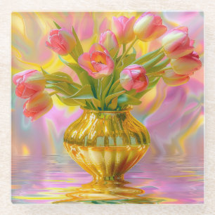 Posavasos De Vidrio Tulipanes rosados vibrantes en la caja dorada