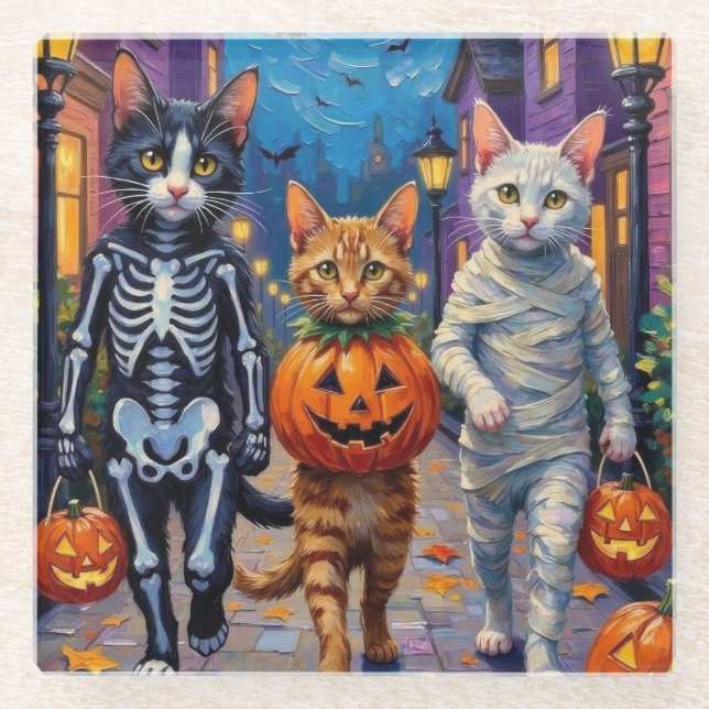 Posavasos De Vidrio Turkish Angora Cats In Halloween Costumes (Anverso)