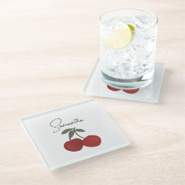 Posavasos De Vidrio Two Red Cherries Illustration | Cute Fruit Art 