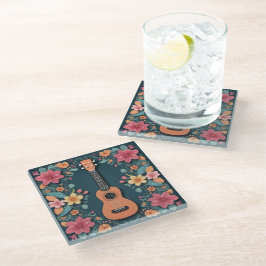 Posavasos De Vidrio Ukelele Flores Tropicales Instrumento Musical Boni