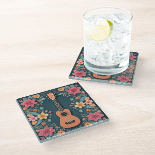 Posavasos De Vidrio Ukelele Flores Tropicales Instrumento Musical Boni