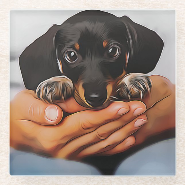 Posavasos De Vidrio Un Cachorro De Dachshund Que Se Basa En Las Rosas  (Anverso)