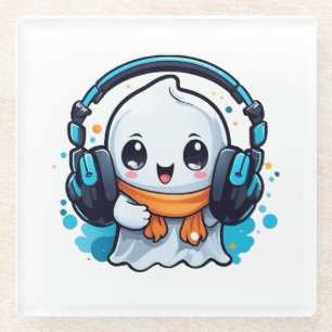 Posavasos De Vidrio Un fantasma lindo y espeluznante con auriculares