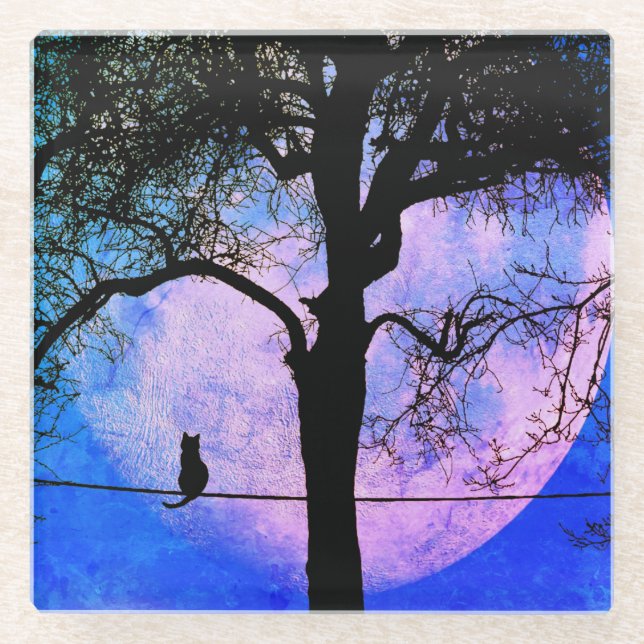 Posavasos De Vidrio Un gato negro en una luna llena de cable (Anverso)