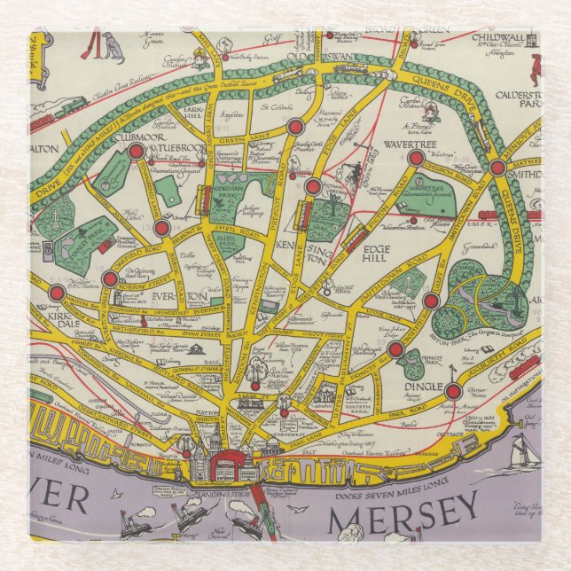 Posavasos De Vidrio Un mapa de Merseyside, Liverpool (Anverso)