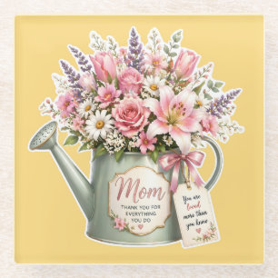 Posavasos De Vidrio Un ramo de flores en una regadera para mamá