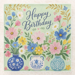 Posavasos De Vidrio Un trío de flores de cumpleaños
