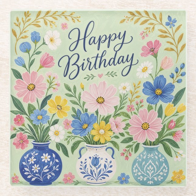 Posavasos De Vidrio Un trío de flores de cumpleaños (Anverso)