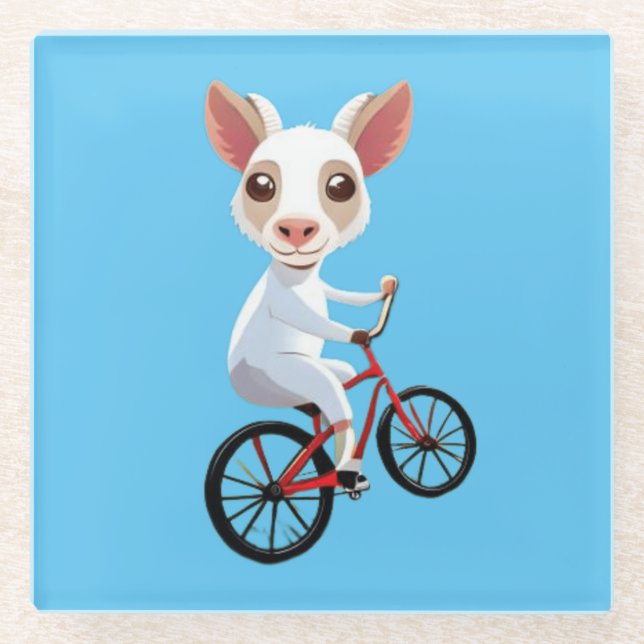 Posavasos De Vidrio Una cabra blanca en una bicicleta (Anverso)