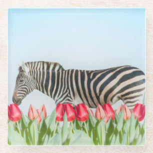 Posavasos De Vidrio Una cebra entre los tulipanes