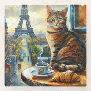 Posavasos De Vidrio Una mañana en París   Gato atigrado en un café
