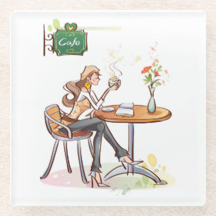 Posavasos De Vidrio Una mujer que bebe café en un café de café