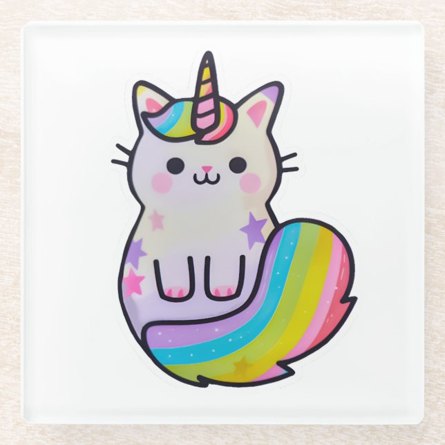 Posavasos De Vidrio Unicornio arcoíris gato lindo (Anverso)