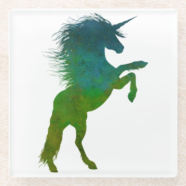 Posavasos De Vidrio Unicornio azul y verde (Anverso)