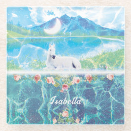 Posavasos De Vidrio Unicornio en un mundo de ensueño paradisíaco 