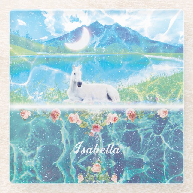 Posavasos De Vidrio Unicornio en un mundo de ensueño paradisíaco  (Anverso)