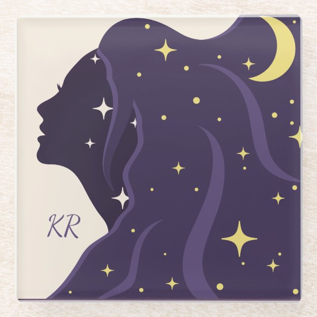 Posavasos De Vidrio Universo cósmico Lady Purple Gold Stars Personaliz (Anverso)