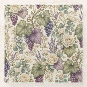 Posavasos De Vidrio Uvas Antiguas, Lavanda y Rosas Blancas