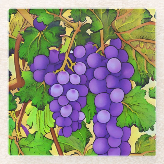 Posavasos De Vidrio Uvas Moradas en una Vid (Anverso)