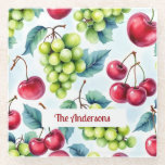 Posavasos De Vidrio Uvas verdes de frutos rojos color de agua cereza<br><div class="desc">Montura de vidrio de patrón de cerezo de uvas de frutos rojos verdes,  utilice la opción de personalización de esta plantilla para cambiar el texto</div>