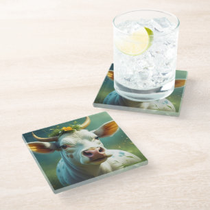 Posavasos De Vidrio Vaca blanca dulce de aluminio con cuernos y flores