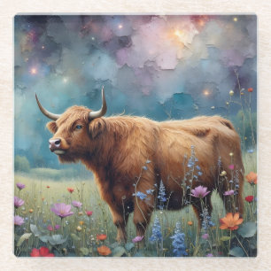 Posavasos De Vidrio Vaca de las Tierras Altas en tapiz floral colorido