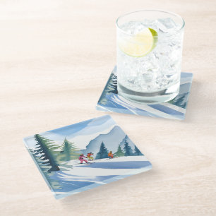 Posavasos De Vidrio Vamos a Esquiar Pintura Acuarela de Invierno