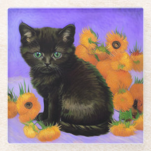 Posavasos De Vidrio Van Gogh Black Kitten con girasoles
