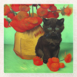 Posavasos De Vidrio Van Gogh Black Kitten Red Flowers