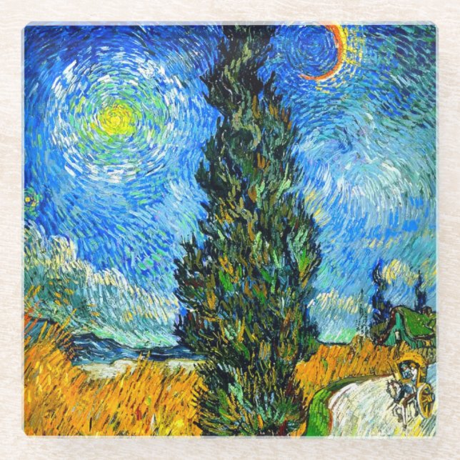 Posavasos De Vidrio Van Gogh Road con Cypress y Star (Anverso)