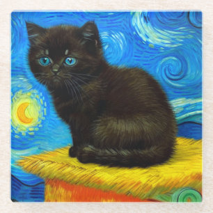Posavasos De Vidrio Van Gogh Style Starry Night Cat