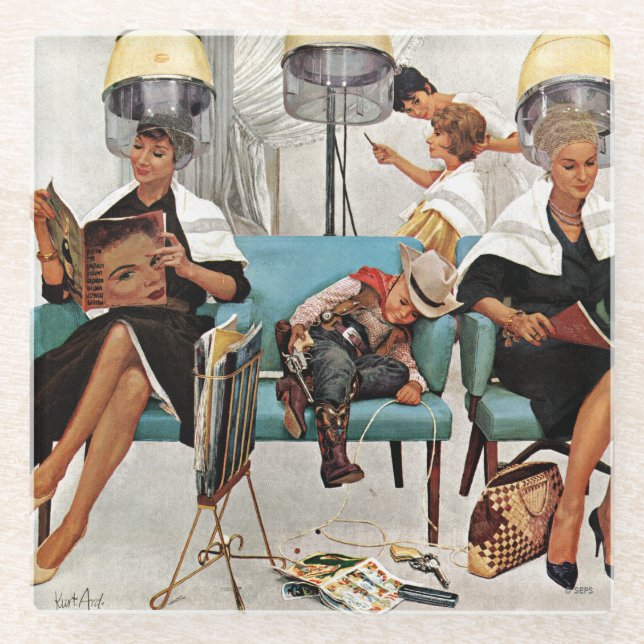 Posavasos De Vidrio Vaquero dormido en salón de belleza (Anverso)