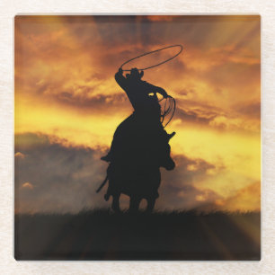 Posavasos De Vidrio Vaquero y Steer Roping en Sunset