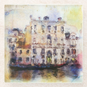 Posavasos De Vidrio Ve od Venecia hecha en acuarela artística