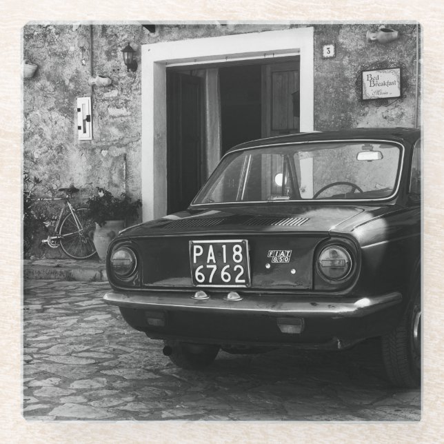 Posavasos De Vidrio Vehículo FIAT de época en Italia monocromo (Anverso)