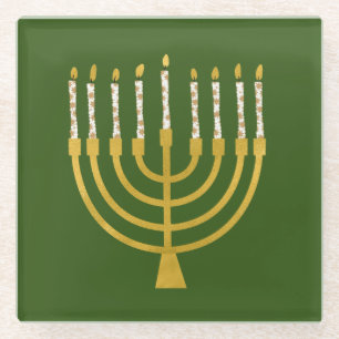 Posavasos De Vidrio Velas festivas Menorah Hanukkah Elegante Verde