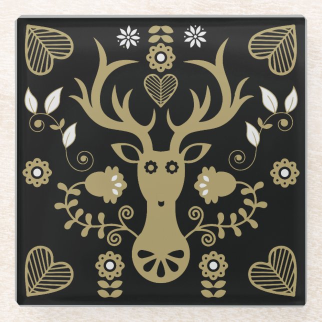 Posavasos De Vidrio Venado de arte popular escandinavo moderno (Anverso)