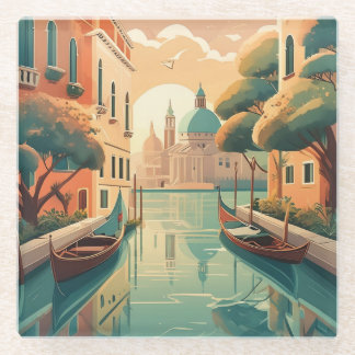 Posavasos De Vidrio Venice Glass Coaster: Gondola & Canal View