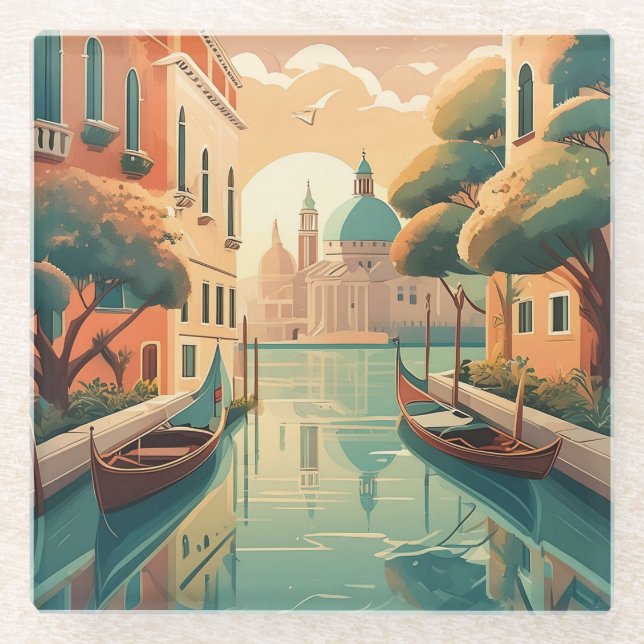 Posavasos De Vidrio Venice Glass Coaster: Gondola & Canal View (Anverso)