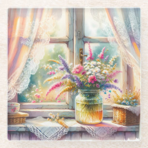 Posavasos De Vidrio Ventana de cabaña soleada con flores silvestres