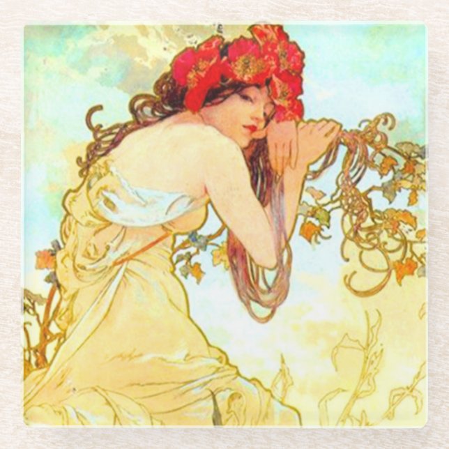 Posavasos De Vidrio Verano de Art Nouveau de Alphonse Mucha (Anverso)