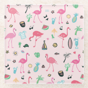 Posavasos De Vidrio Verano Flamingo: Vibrante patrón de aves