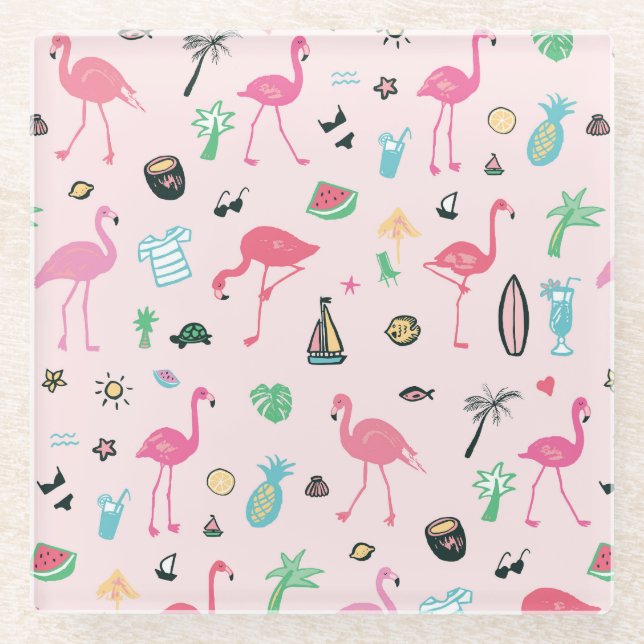 Posavasos De Vidrio Verano Flamingo: Vibrante patrón de aves (Anverso)