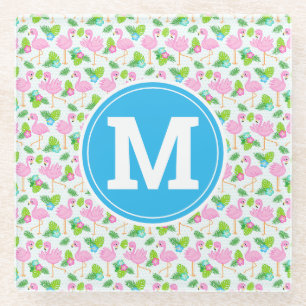 Posavasos De Vidrio Verano Tropical Flamenco y Patrón Floral
