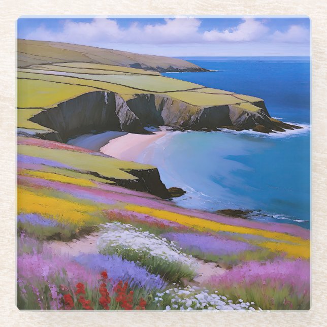 Posavasos De Vidrio Verdant Cliffs y Azure Waves (Anverso)